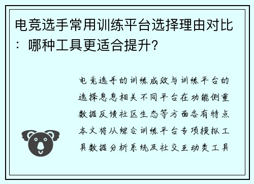 电竞选手常用训练平台选择理由对比：哪种工具更适合提升？