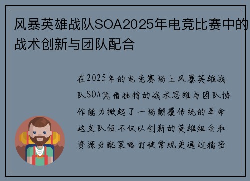 风暴英雄战队SOA2025年电竞比赛中的战术创新与团队配合
