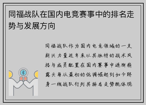同福战队在国内电竞赛事中的排名走势与发展方向